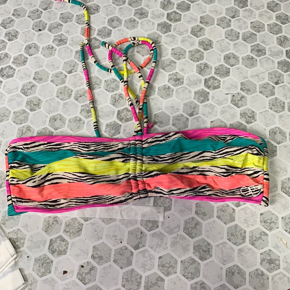 OP XL Striped Zebra Rainbow Print Halter Neck Swimsuit Top